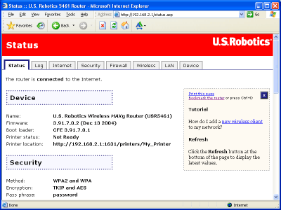Снимок окна состояния маршрутизатора, соединенного с Интернетом