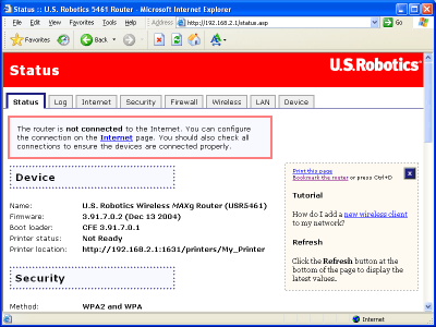 Imagem da página Status do router sem ligação à Internet