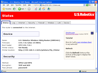 Imagem da página Status do router com ligação à Internet