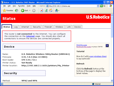 Screenshot of router's Status page with no Internet connection