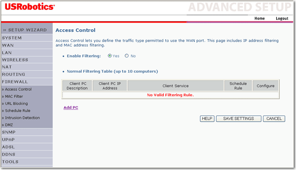 Control de acceso del cortafuegos