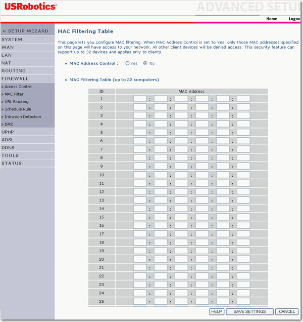 Firewall MAC Filtering Table