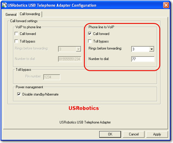 Phone Line to Skype - Call Forwarding Screen
