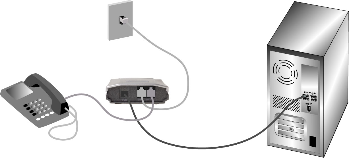 Illustration du branchement de l'USB Telephone Adapter à la prise murale