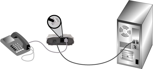 Illustration du branchement de l'USB Telephone Adapter au téléphone
